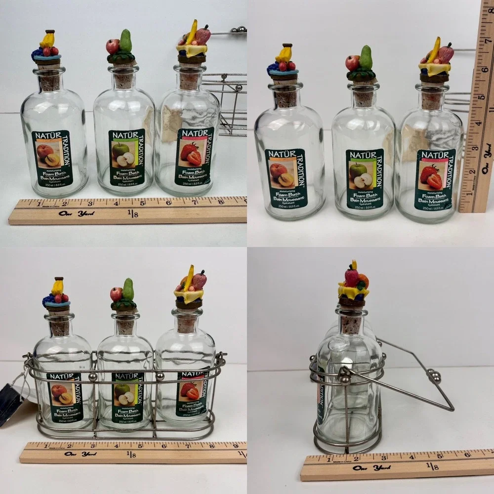Vtg Natur 90s EMPTY Glass Bottles w Cork Fruit 3D Lid w Metal Carrier Foam Bath